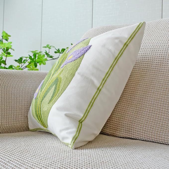 vctops Farmhouse Calla Lily Cotton Tufted Throw Pillow Cover Spring Floral Embroidery Pillowcase Soft Square Cushion Case for Sofa Couch Bed Chair (Purple C,18"x18")