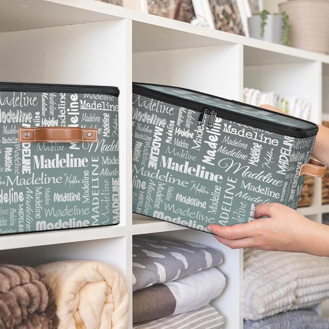 Personalized Name Storage Basket, Custom Keepsake Box, Grey Green