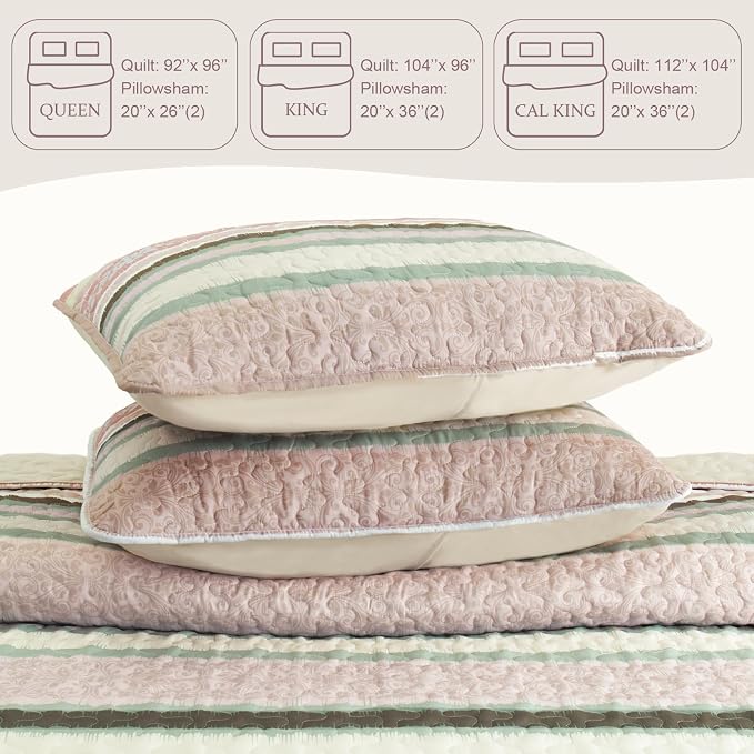 Exclusivo Mezcla Reversible Boho Quilt King Size Pink | Lightweight Soft Bedspreads, All Season Striped Coverlet Bedding Set, Printed Floral Pattern, 1 Quilt and 2 Pillow Shams