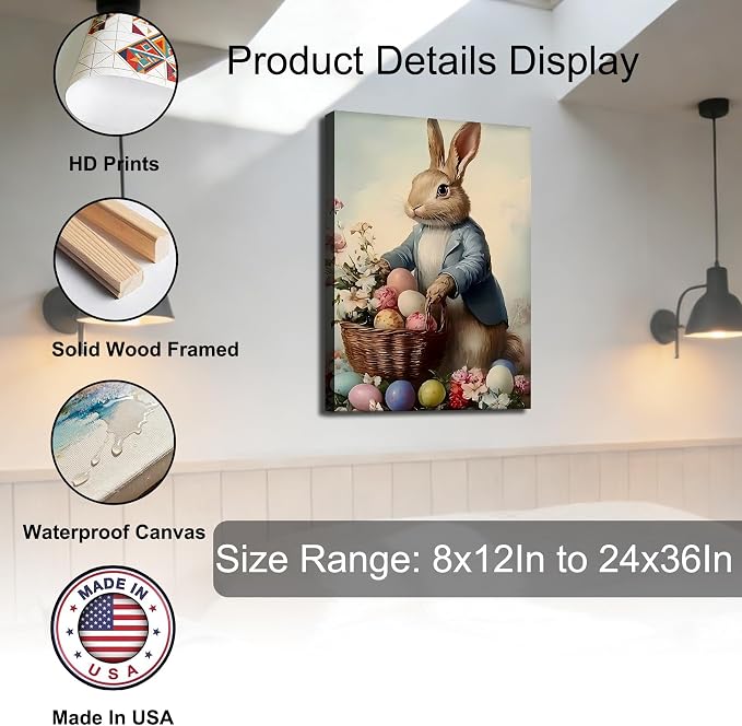 Large Vintage Easter Rabbit Eggs Canvas Art 20x30, Colorful Cozy Spring Bunny Pictures Wall Art, Perfect for Easter Bathroom Bedroom, Living Room Holiday Wall Decorations