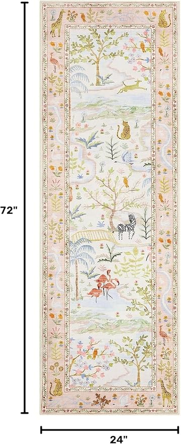 2x6 Hallway Runner Rug Non Slip Forest Nursery Runners Washable Stain Resistant Fairy Tale Whimsical Long Runner Carpets Girls Room Blush Safari Animal Rugs for Living Room Kitchen Bedroom, PeachBlush