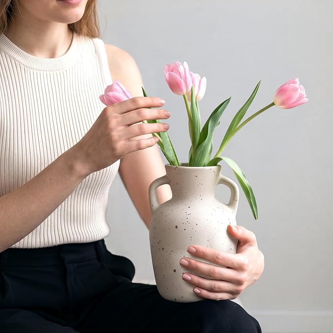 Ceramic Flower Vase with Handles, Tall White Vase, Large Decorative Terracotta Vases, Farmhouse Rustic Pottery Vases for Home Decor, Living Room