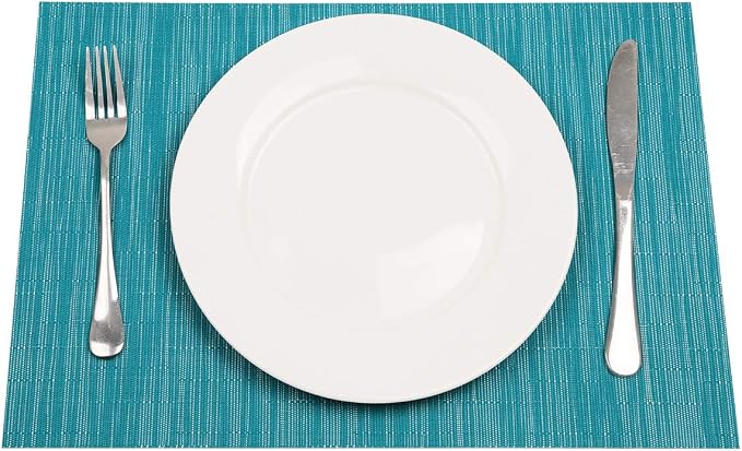 SHACOS Woven Vinyl Placemats Set of 6 Wipe Clean Wasahble Place Mats for Dining Table Heat Resistant Non Slip Table Mats (6, Teal Blue)