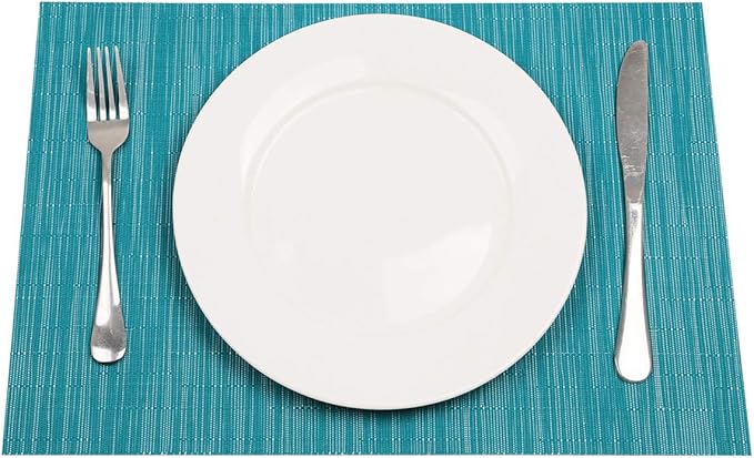 SHACOS Indoor Outdoor Placemats Set of 8 Woven Vinyl Place Mats for Dining Table Wipeable Heat Resistant Washable Kitchen Patio Table Mats (8, Teal Blue)