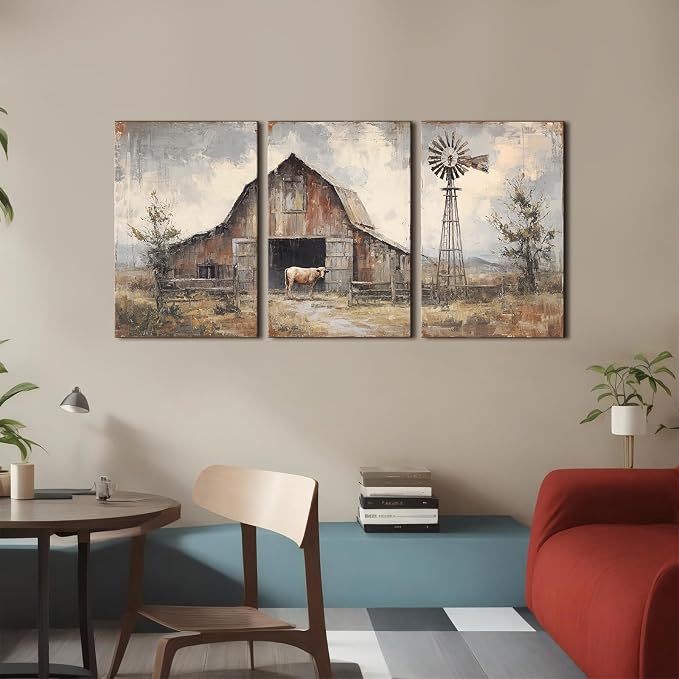Vintage Farmhouse Wall Art Old Barn Canvas Painting Prints for Kitchen Windmill Barn Pictures Framed Paintings Landscape Countryside Posters Wall Decor for Bedroom Office Home Decorations 16x24
