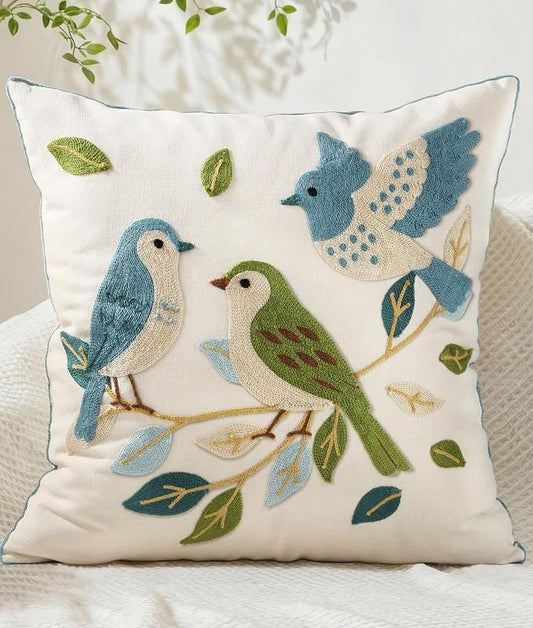 Animal Embroidered Throw Pillow Cover 20x20 Inch, Floral Birds | Decorative Pillow Cover, Cottagecore Cushion Cases with Hidden Zipper, Farmhouse Decor for Couch, Sofa, Living Room