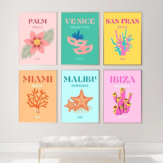 Whaline 9Pcs Preppy Travel Wall Art Prints Colorful Abstract Aesthetic Preppy Room Decor Minimalist Art Poster Decor for Teen Girls Bedroom Pink College Dorm Room Posters(UNFRAMED 10x12in)