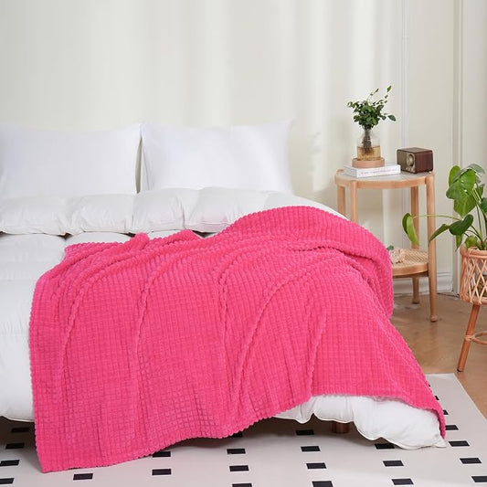 Puncuntex Fleece Throw Blanket Hot Pink 90"×90" with Square Grid Design | Super Soft Plush Cozy Flannel Throw Blanket Luxury for Couch Sofa Chair