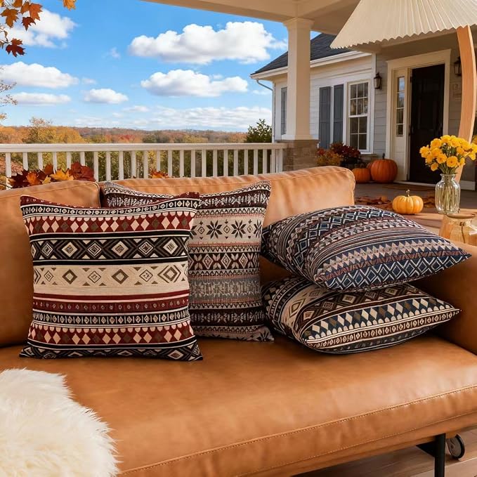 Couch Decorative Farmhouse Boho Throw Pillow Covers 18X18 Inch Set of 4 Vintage Hippie Pillow Cases Colorful Textured Pillows for Sofa Living Room Bedroom Summer Outdoor Patio Porch