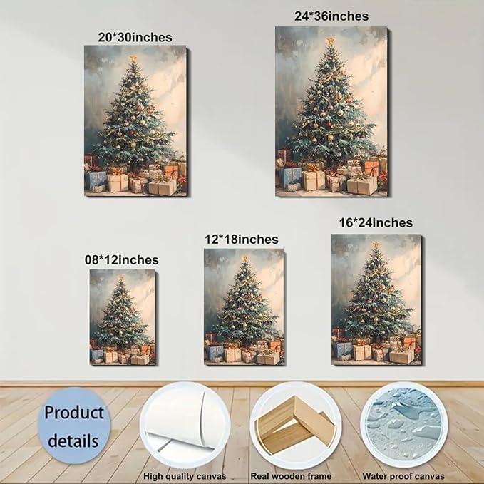 Framed Vintage Canvas Wall Art, Rustic Winter Evergreen Tree Pictures 20x30inch Pine Tree with Gifts Wall Decor for Kitchen, Bathroom, Room Decor Perfect for Winter, Christmas Decoration