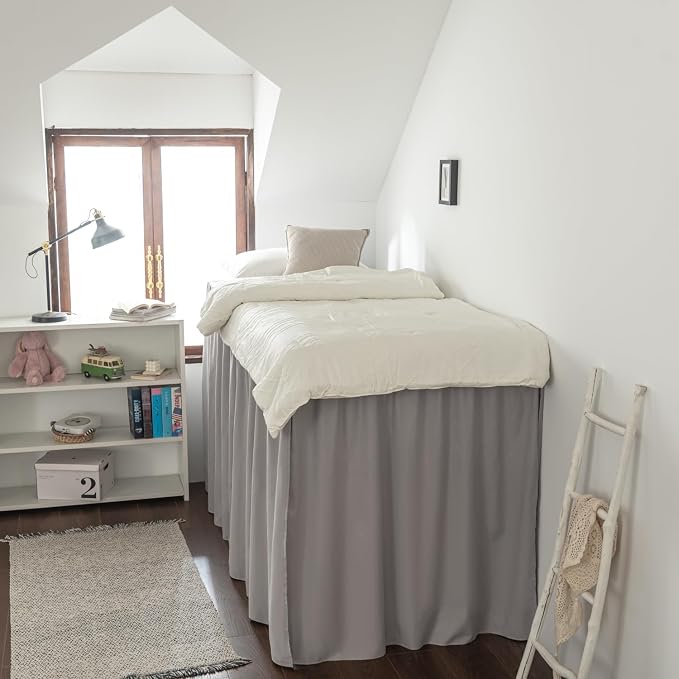 Dorm Bed Skirt Twin XL 46 Inch Drop Length | Light Grey, Ruffled Pattern College Dorm Room Bed Skirts - Split Corner, Easy Care, Microfiber Bed Skirt