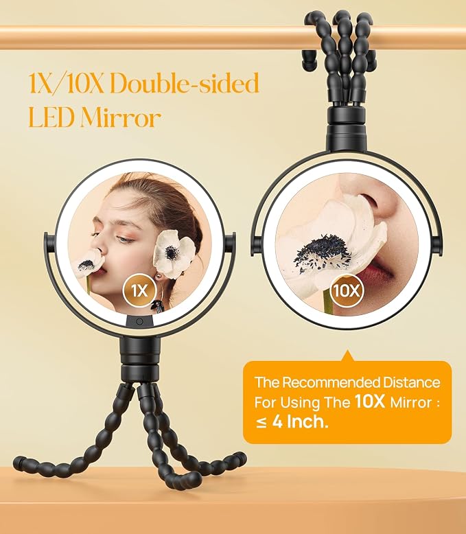 Gospire 5.85” Tripod Travel Makeup Mirror with Light and Magnification | 1X/10X, 4 In 1 Winding Hanging Handheld Tabletop, 3 Light Colors, Adjustable Brightness – Black