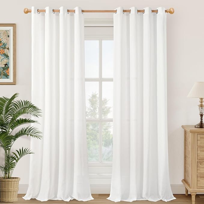 YoungsTex White Linen Light Filtering Curtains 84 Inches Long 2 Panels for Living Room, Lightweight Window Treatments with Grommet Semi Sheer Drapes for Bedroom, 52 X 84 Inch