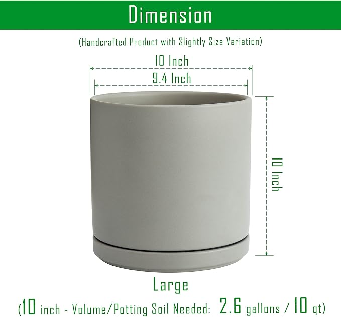 D'vine Dev 10 Inch Ceramic Planter Pot, Grey, 94-O-E-3 | Modern Cylinder Design, Drainage Hole & Saucer Included, Stable Structure, Elegant Home Accent