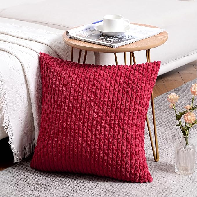 Fancy Homi 2 Packs Burgundy Decorative Throw Pillow Covers 20x20 Inch for Couch Bed Sofa, Modern Farmhouse Boho Home Decor, Soft Cute Plush Corduroy Wine Red Striped Cushion Case 50x50 CM