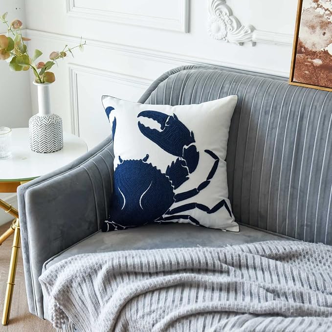 Embroidered Crab Throw Pillow Cover,Square 18 Inches Decorative Crab Canvas Pillow Cover for Nautical Style Deco by (Navy-Crab-New)