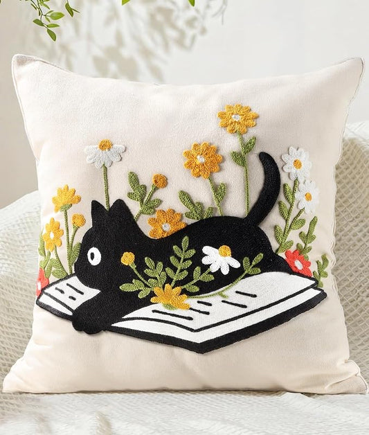Animal Embroidered Throw Pillow Cover 18x18 Inch, Cat Floral | Decorative Pillow Cover, Farmhouse Cushion Cases with Hidden Zipper, Cottagecore Decor for Couch, Sofa, Living Room