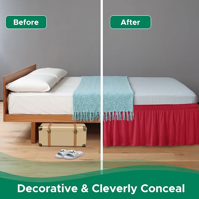 Wrap Around Bed Skirt Dorm Twin & Twin XL 15" Drop-Elastic Dust Ruffle | Adjustable Pleated Bedskirt-Easy Fit Wrinkle Resistant-Washable Hotel Quality-College Dorm Apartment Guest Bedroom Red