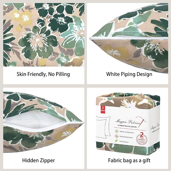 Magpie Fabrics Patio Lumbar Pillow Covers ONLY 20"x12", Set of 2, Outdoor Indoor Cushion Cases Decorative Throw Rectangular Pillowcase Shell for Couch Garden - Green Floral