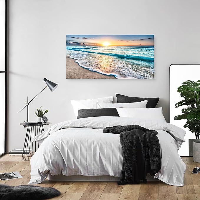 Baisuart S02298 Canvas Prints Wall Art Beach Sunset Ocean Waves Nature Pictures Stretched Canvas Wooden Framed for living Room Bedroom and Office
