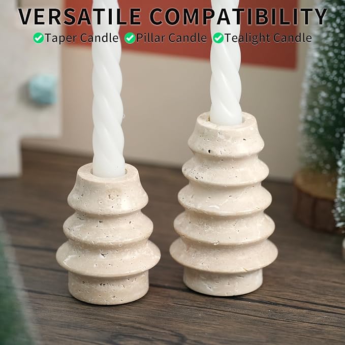 Travertine Marble Candlestick Holders - Set of 2 Stone Candle Sticks Holder Tree Decor, Decorative Modern Candle Stands for Taper Candles