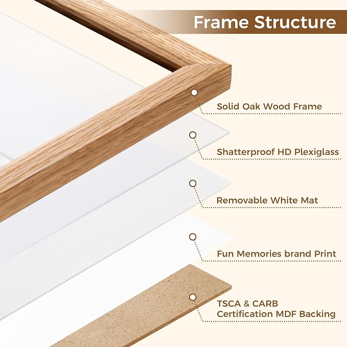 Fun Memories 11x14 Oak Picture Frame for Wall, 11x14 Frame with Matted to 8x10, Solid Wood Picture Frames for Wall Art Photo and Prints (Beige, 1 Pack)