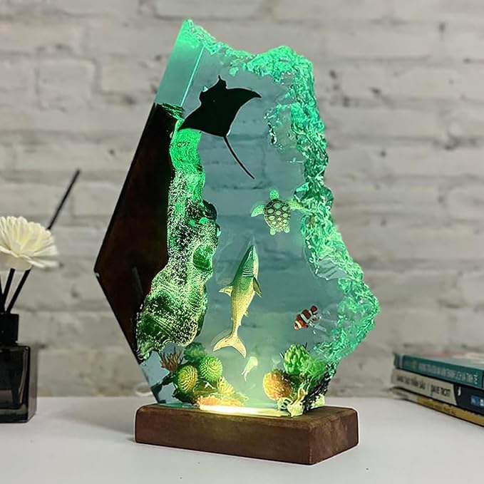 Handmade Shark Resin Ocean Lamp with Woodden Base