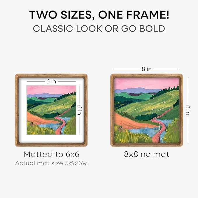 Homeforia 8x8 Mortise&Tenon Natural Oak Picture Frame, 6x6 Mat, Glass