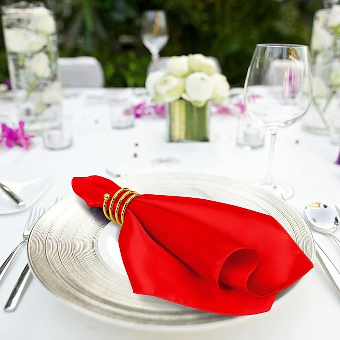 MCEAST Satin Cloth Napkins and Napkin Rings Set of 8, Smooth Fabric Table Napkins and Napkin Holder for Wedding, Birthday Dinner Party, Family Gatherings, Table Decor (Red, 17 x 17 Inches)