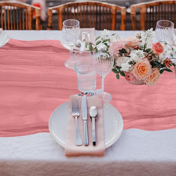 12 Pack Cheesecloth Table Runner, Runner Gauze Boho Wedding Decor Romantic Table Runner for Wedding Birthday Party(35" x 118")(Pink)