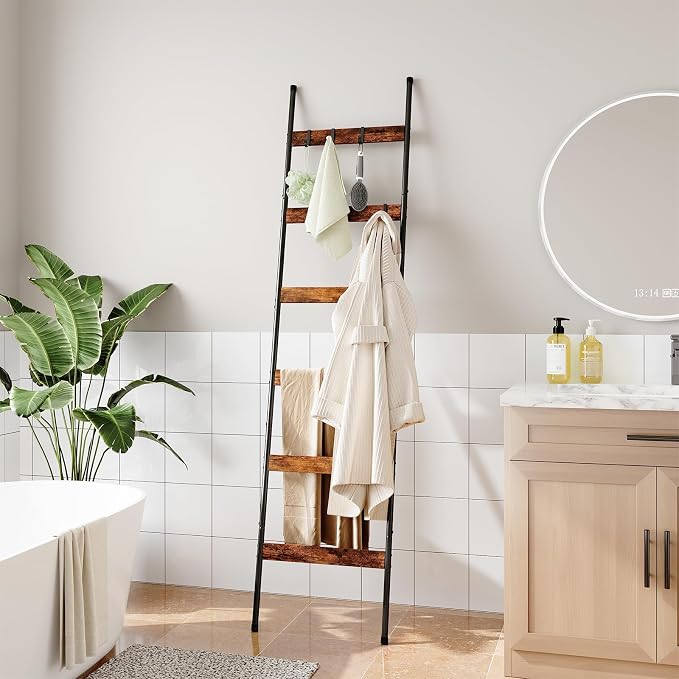 ELYKEN Blanket Ladder, 6-Tier Towel Rack, Wall-Leaning Quilt Holder | Farmhouse Wood Display Stand with 4 Hooks, Decorative Rack Shelf for Living Room, BedRoom, Bathroom, Rustic Brown