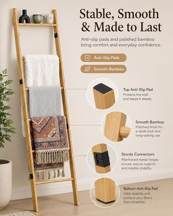 6 Tier Blanket Ladder with Shelf, Wooden Blanket Rack for Living Room, Leaning Towel Ladder Rack for Bedroom, Bathroom, Quilts, Throws, Towels and Farmhouse Décor