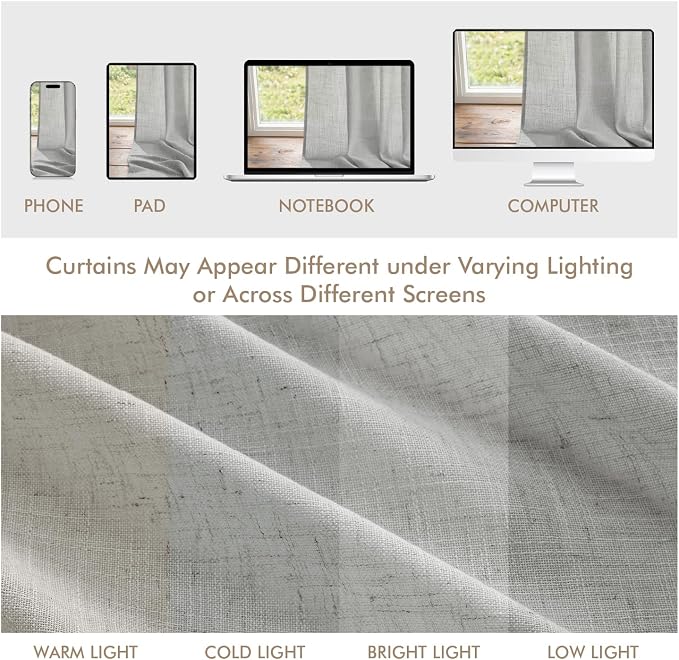 MIULEE Gray Back Tab Linen Curtains 4 Panels 42W x 90L | Linen material, light filtering, rod pocket back tab hanging, farmhouse decor for living room bedroom