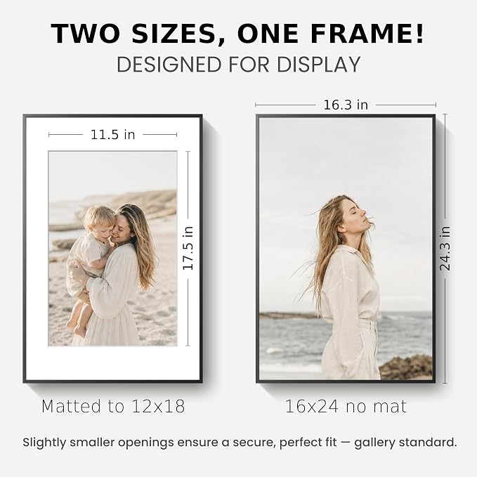 16x24 Poster Frame Black, Aluminum Metal 16 x 24 Frame with Removable Mat, 16 by 24 Black Picture Frame Matted to 12x18 Photo, Real Tempered Glass for Home and Office Gallery Wall, 1 Pack