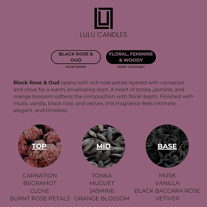 Lulu Candles Black Rose & Oud Scented Soy Jar Candle, 9 Oz. | Smells Floral and Smokey, Luxury, Hand Poured in The USA, Highly Scented Long Lasting