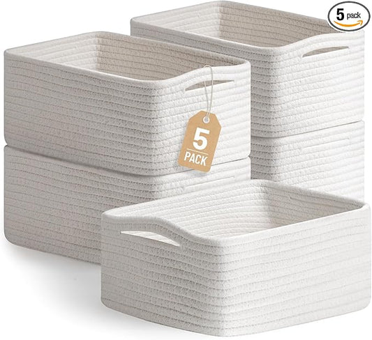 5 Pack Small Woven Storage Baskets for Shelves, Gift Baskets Empty | 11.8"x7.9"x4.7", Decorative Cotton Rope Baskets Organizer, Cute Storage Bins for Organizing Bathroom, Closet, Nursery, White