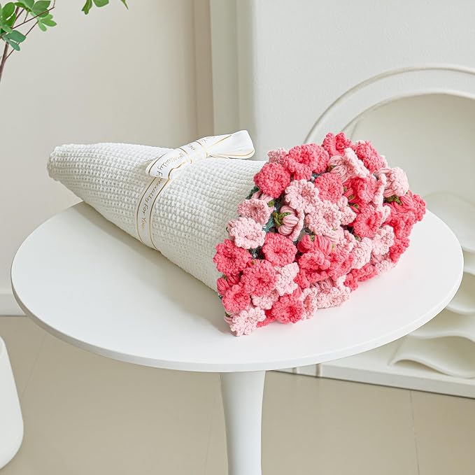 Crochet Flower Bouquet Throw Blanket, Handmade Knitted Blanket with Flowers, Cute Romantic Gift for Her Girlfriend Mom Mother’s Day Valentine Wedding Anniversary Birthday, Pink 60 Inches