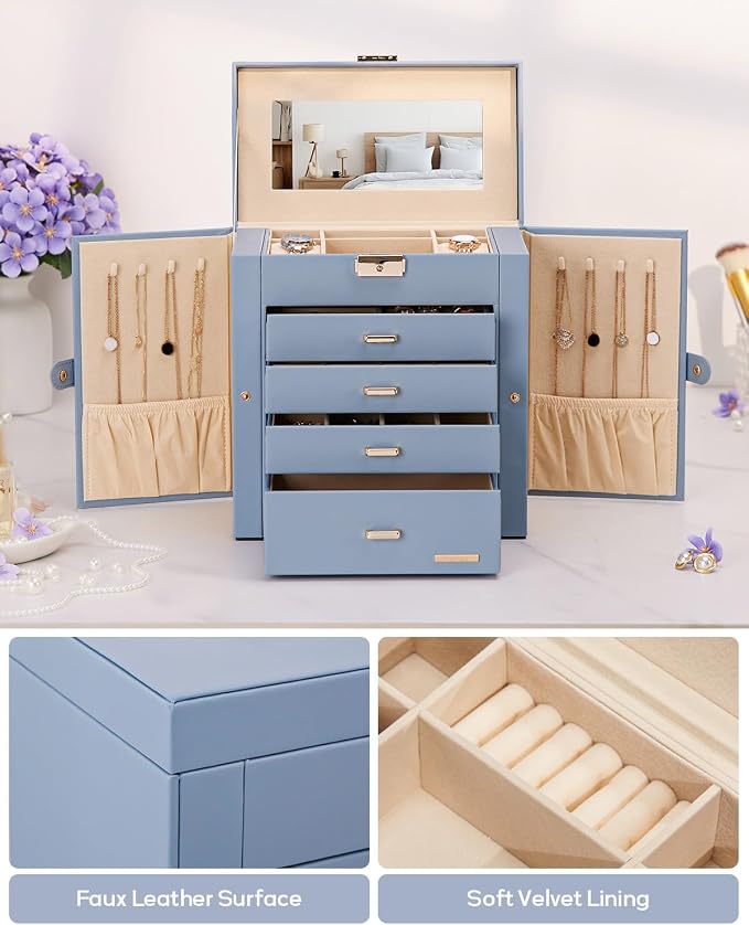 Homde Large Jewelry Box for Women: 5-Layer Organizer with Lock for Dresser | Separated Storage for Necklace Earring Ring Watch to Sort Daily Jewelry - Keep Vanities Tidy - Suitable for Birthday Gift