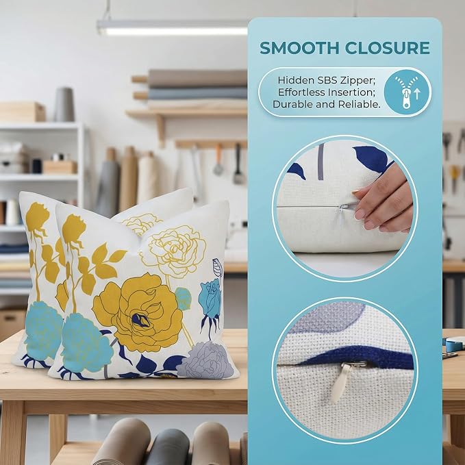 Blue Yellow Floral Pillow Covers 16x16 Set of 2 Thick Cotton Linen | Durable Thick Cotton Linen Material, Soft Breathable Floral Decor, Suitable For Spring Summer Couch Bed & Outdoor Patio Porch