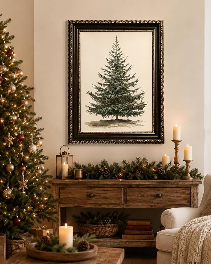 Framed-Vintage Christmas Tree Wall Art, 16×24 Inch | Farmhouse Winter Pine Canvas Prints, Holiday Wall Decor for Living Room Bedroom