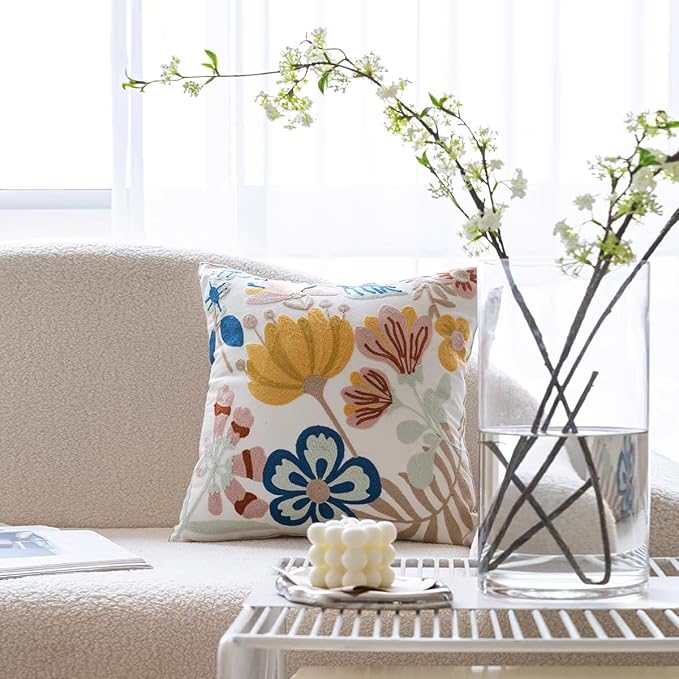 YIcabinet Pillow Covers Set of 2, Embroidered Flower Pattern Throw Pillow Cover,Square Cotton Cushion,Pillow Case for Sofa Bedroom Couch,18"x18"