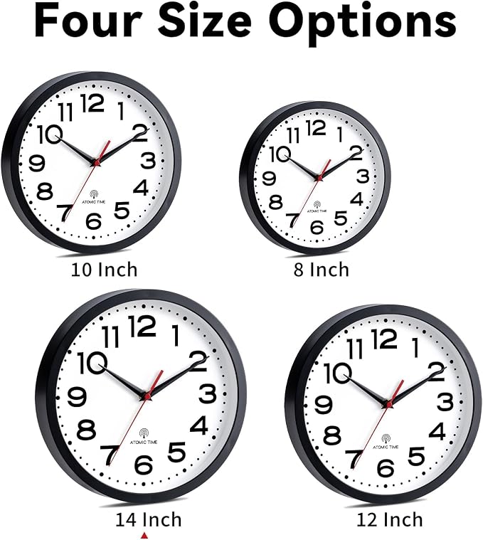 Roymnie 14 Inch Atomic Wall Clock, Battery Operated Silent Non Ticking | Black analog wall clock; bold numerals for easy reading; silent non-ticking; 1 AA battery (not included); for classroom