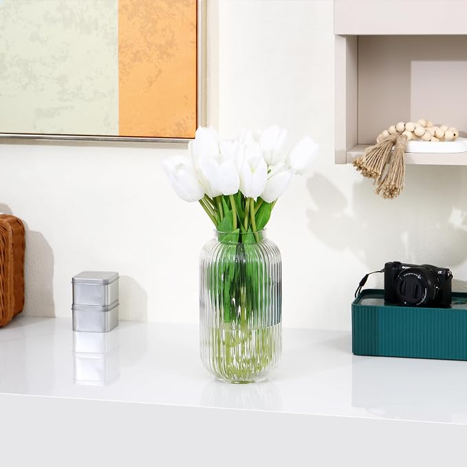 Ribbed Glass Vase, Clear Flower Vase for Bouquet, Glass Vases for Flowers, Modern Vases for Living Room, Bedroom, Kitchen, Dining Table, Office, Wedding, 8.6 Inches