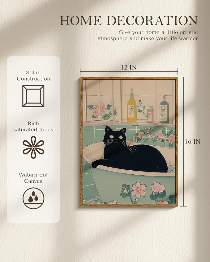 WHASAYART Vintage 12x16 Framed Black Cat in Bathtub Wall Art, Retro Pastel Floral Tile Bathroom Canvas Print, Aesthetic Home Bath Spa Decor