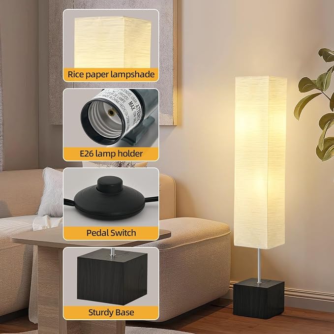 Column Floor Lamp – Natural Wood Base&Rice Paper, Japanese lamp，with Square Base for Living Room,Office, Kids Room, Reading, Home Decor, Off White, 58"