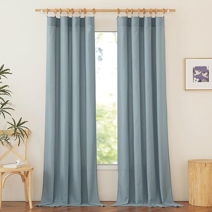 NICETOWN Rod Pocket & Back Tab Thick Flax Semi Sheer Linen Curtains, Privacy with Light Filtering Panels for Home Decor, Stone Blue, W55 x L95, 2 Panels