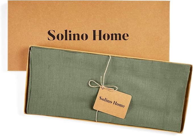 Solino Home 100% Pure Linen Table Runner Oil Green Long, Fete 14 x 90 in | brings a tailored look to family meals and hosting, European flax fibres, naturally breathable, Oil Green, OEKO-TEX Certified