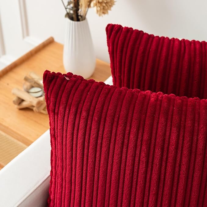Kevin Textile Striped Corduroy 18”x18” Pillow Covers 2 Pack, Burgundy