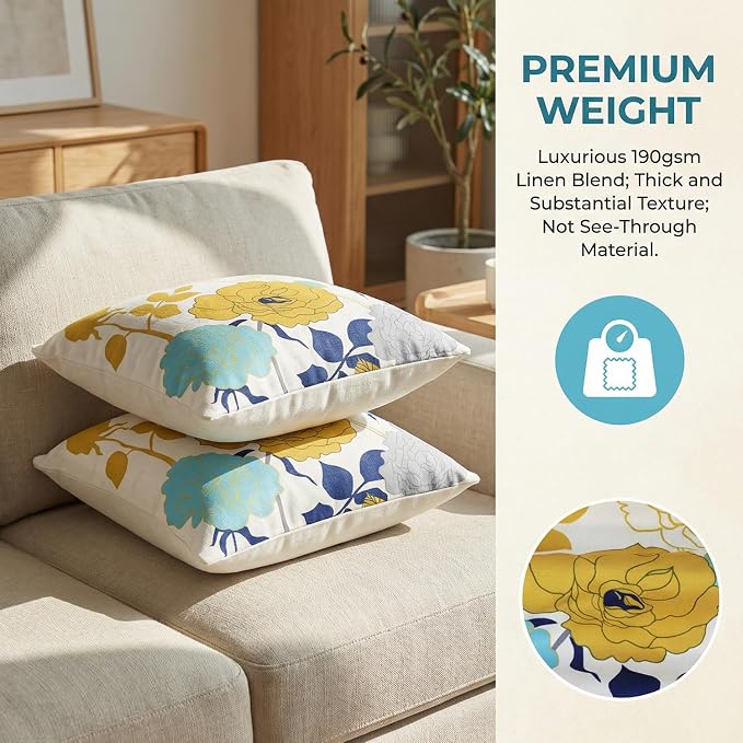 Blue Yellow Floral Pillow Covers 16x16 Set of 2 Thick Cotton Linen | Durable Thick Cotton Linen Material, Soft Breathable Floral Decor, Suitable For Spring Summer Couch Bed & Outdoor Patio Porch