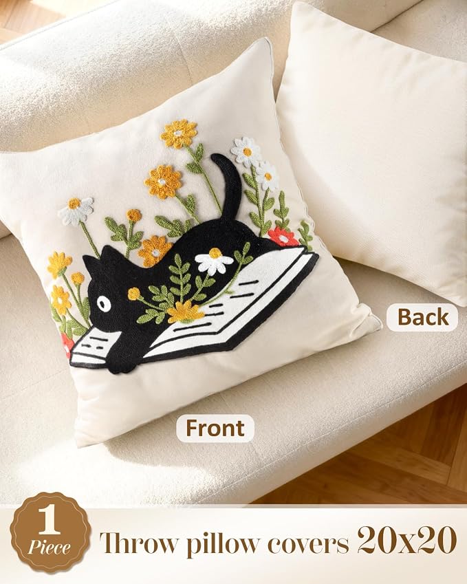 Embroidered Throw Pillow Cover 20x20 Inch - Summer Farmhouse Decorative Pillow Cover with Zipper for Couch Sofa Living Room Cushion Pillowcase, Cat Floral